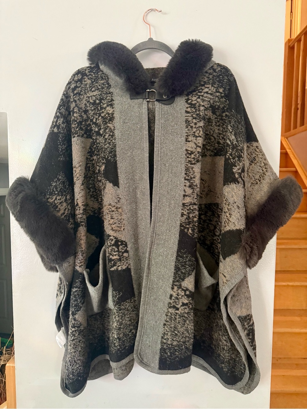 Ness Scotland Patchwork Knit Cape Poncho with Faux Fur Trim - One Size